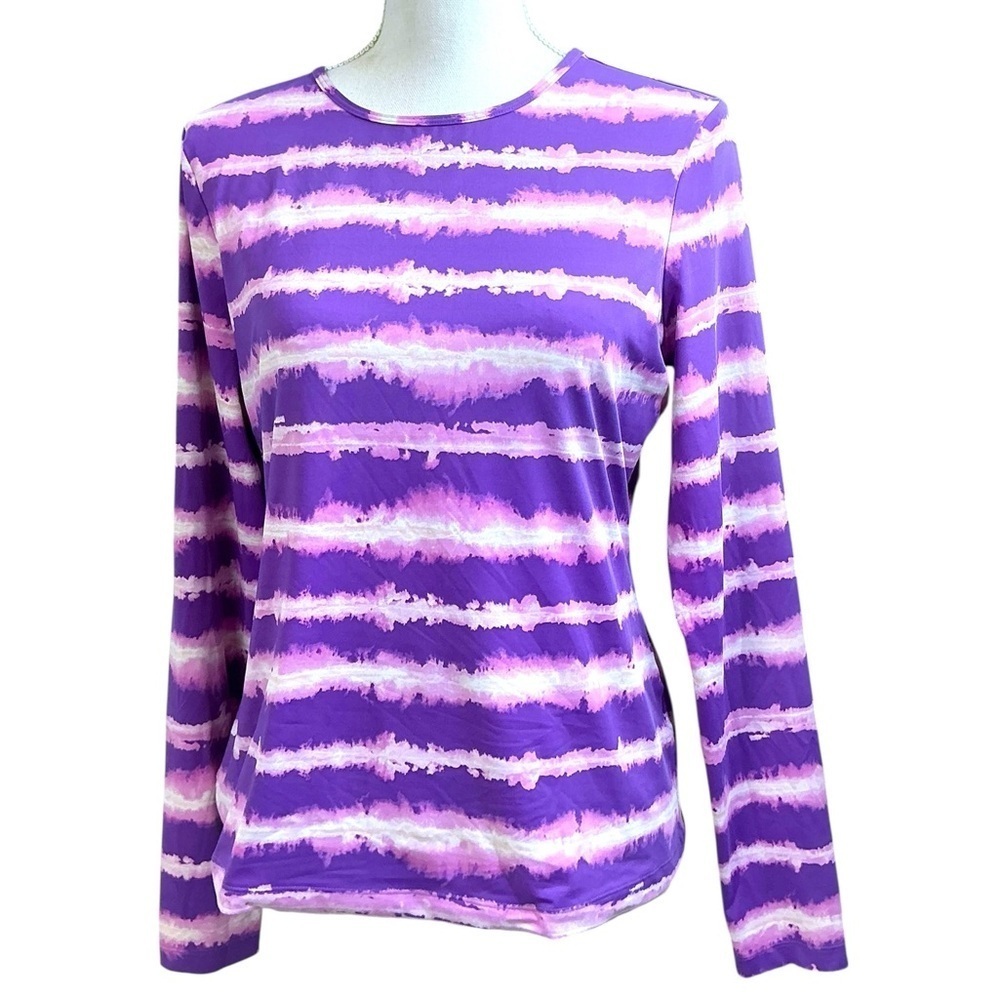 Lands End Top Tie Dye Stretch Rash Guard Swim Shirt Purple Pink Stripe Women SM